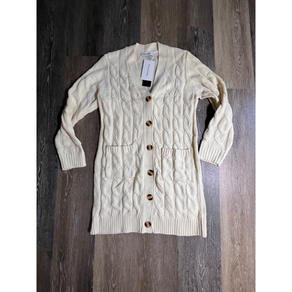 PrettyGarden‎ Cardigan Sweater Women Medium Cream Cable Knit Button Front